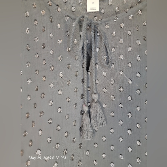 Ava & Viv Sparkling Dot Black Tie Front Relaxed Blouse - Picture 3 of 10